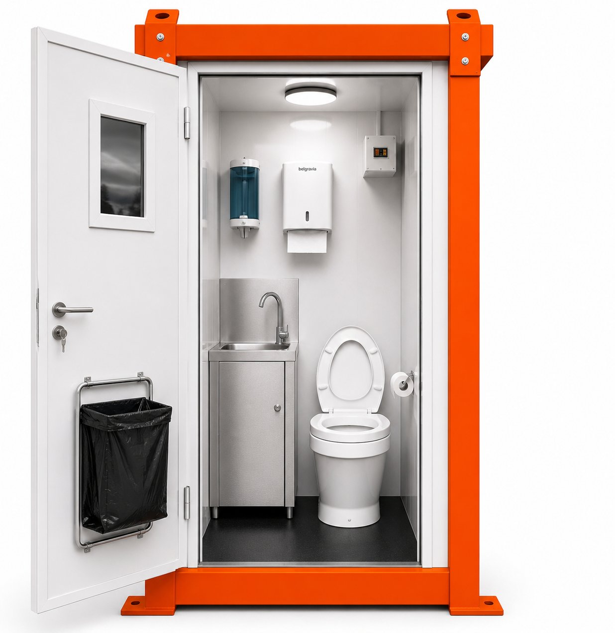 THUNDERBOX Onshore interior — orange frame, WC, basin, Belgravia dispenser